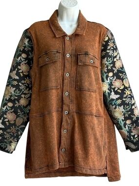 Aratta Brown Distressed Button-Front Jacket Shirt with Floral Sleeves